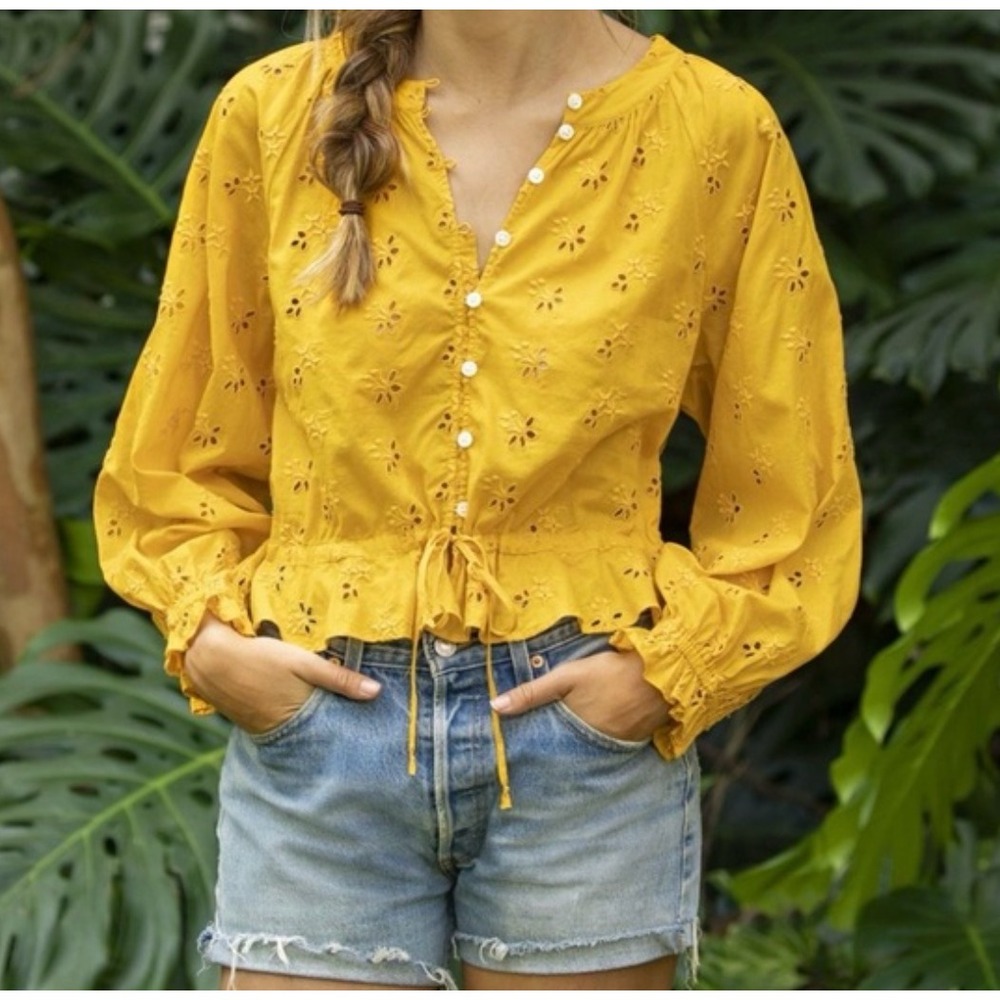 Outerknown Poet Blouse Organic Cotton Eyelet Lace Golden Yellow Button Top L NWT